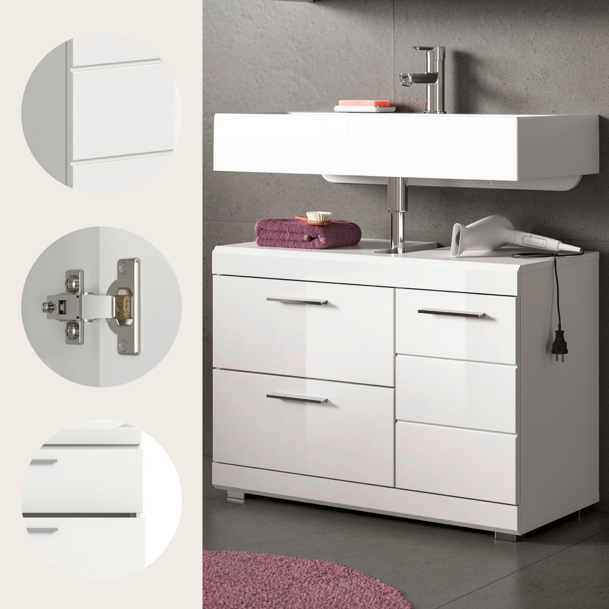 TVÄTTSTÄLLSUNDERSKÅP 80/56/34 cm  - vit/vit högglans, Trend, trämaterial/plast (80/56/34cm) - MID.YOU