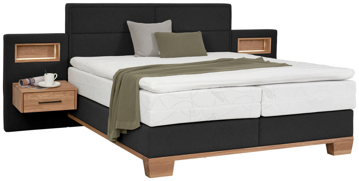 BOXSPRINGBETT 180/200 cm,  in Eichefarben, Dunkelgrau, Matratze, Topper, H2 = mittel  - Eichefarben/Dunkelgrau, Natur, Holz/Textil (180/200cm) - Valnatura