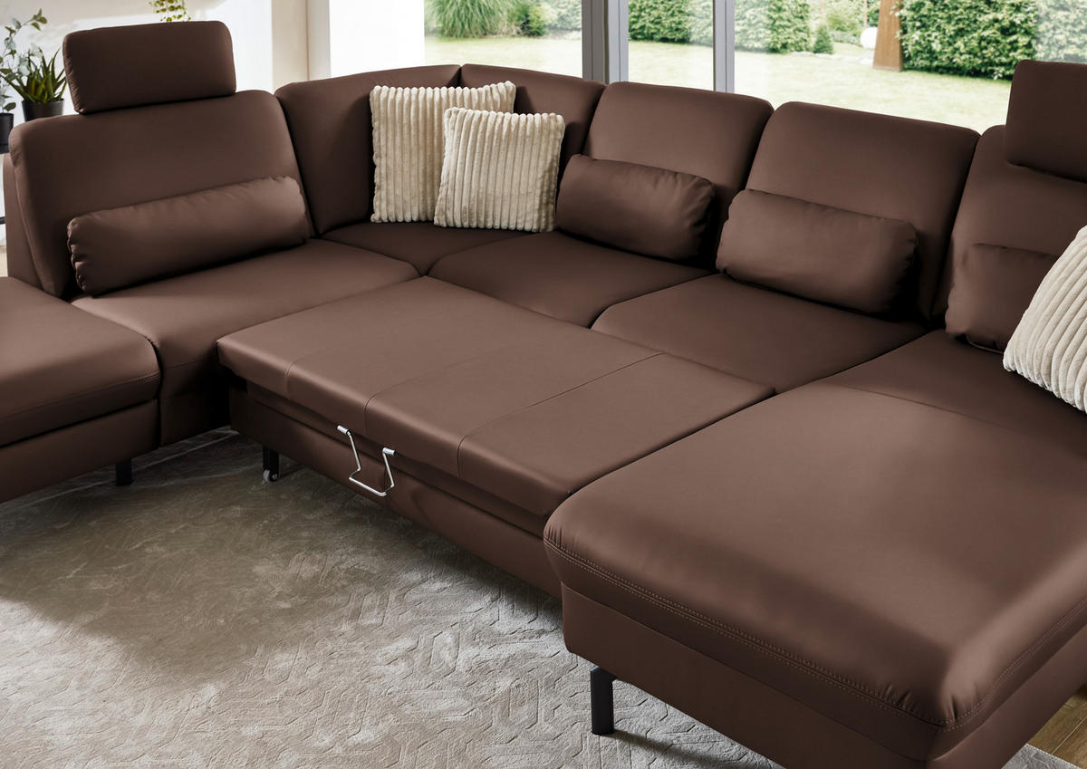WOHNLANDSCHAFT Echtleder Mokka  - Schwarz/Mokka, Konventionell, Leder/Metall (224/306/168cm) - Beldomo Premium