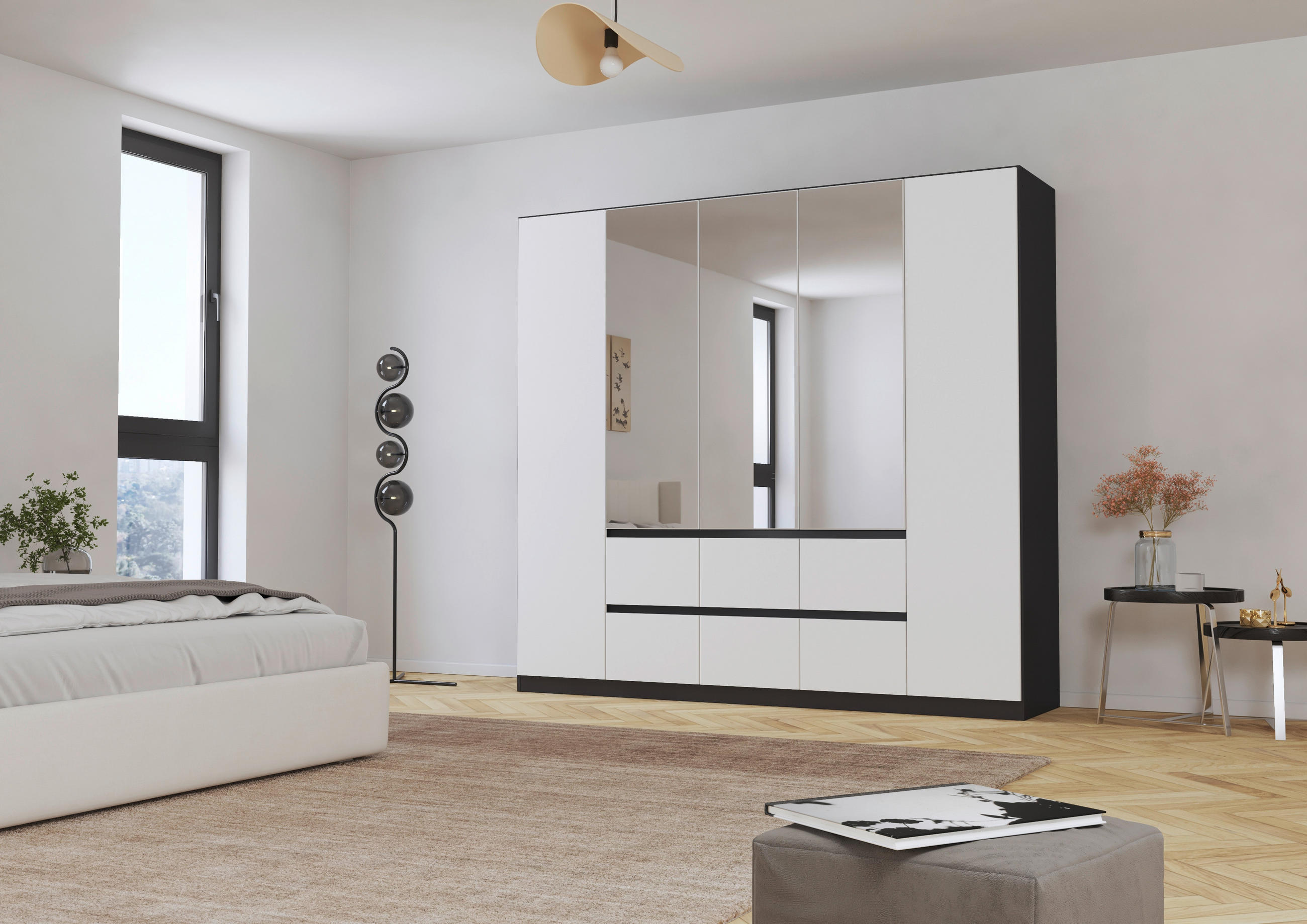 Thumbnail - Rauch Möbel Drehtürenschrank, Grau, Silber, Weiß, Holzwerkstoff, 3 Fächer, 6 Schublade(n) Schubladen, 226x210x54 cm, Bla...