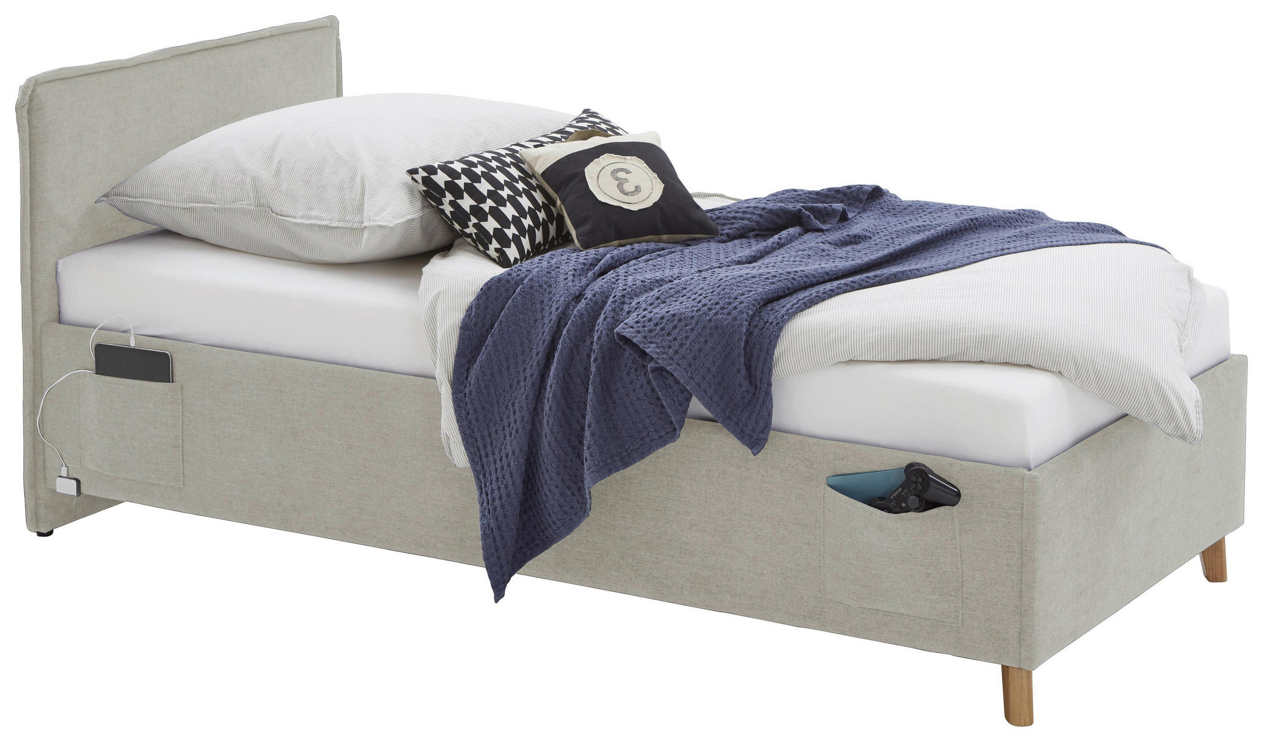 POLSTERBETT 90/200 cm,  in Beige,  - Eichefarben/Beige, KONVENTIONELL, Holz/Textil (90/200cm) - Stylife