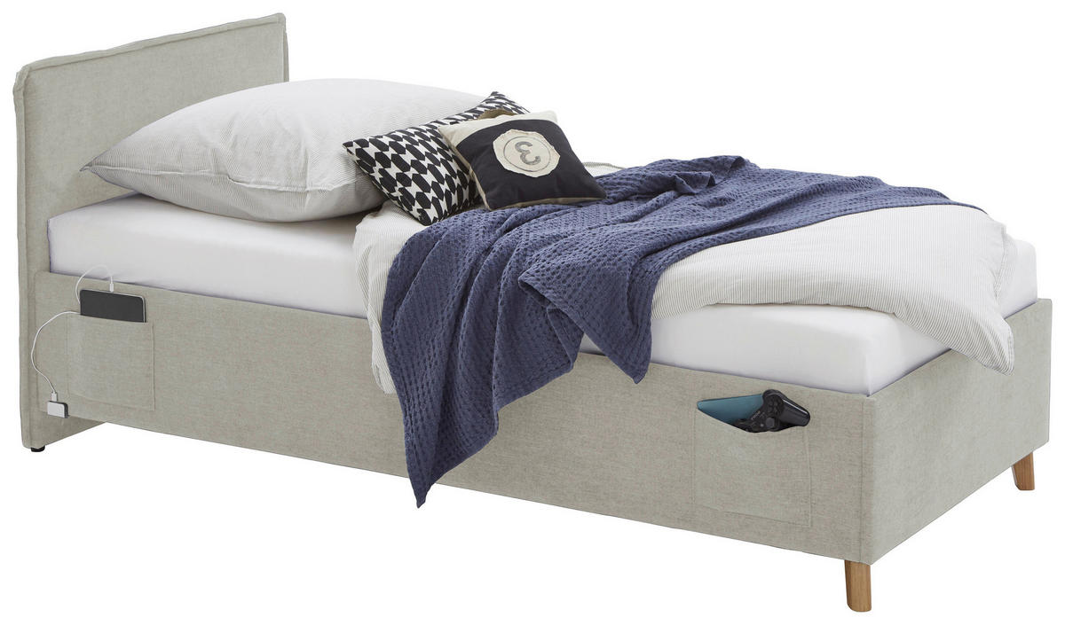 POLSTERBETT Beige 90/200 cm  - Eichefarben/Beige, KONVENTIONELL, Holz/Textil (90/200cm) - home24