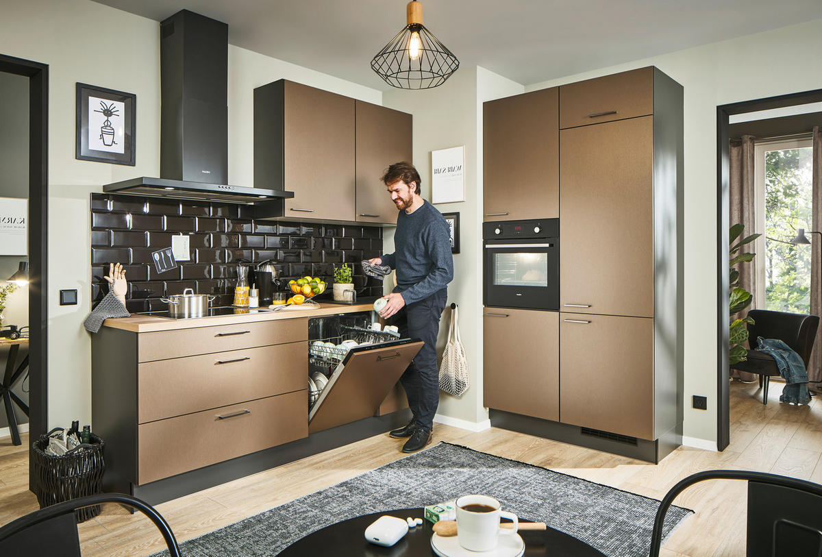 ECKKÜCHE 220/120 cm  in Graphitfarben, Eichefarben, Bronzefarben  - Chromfarben/Eichefarben, Design, Holzwerkstoff/Metall (220/120cm) - Xora