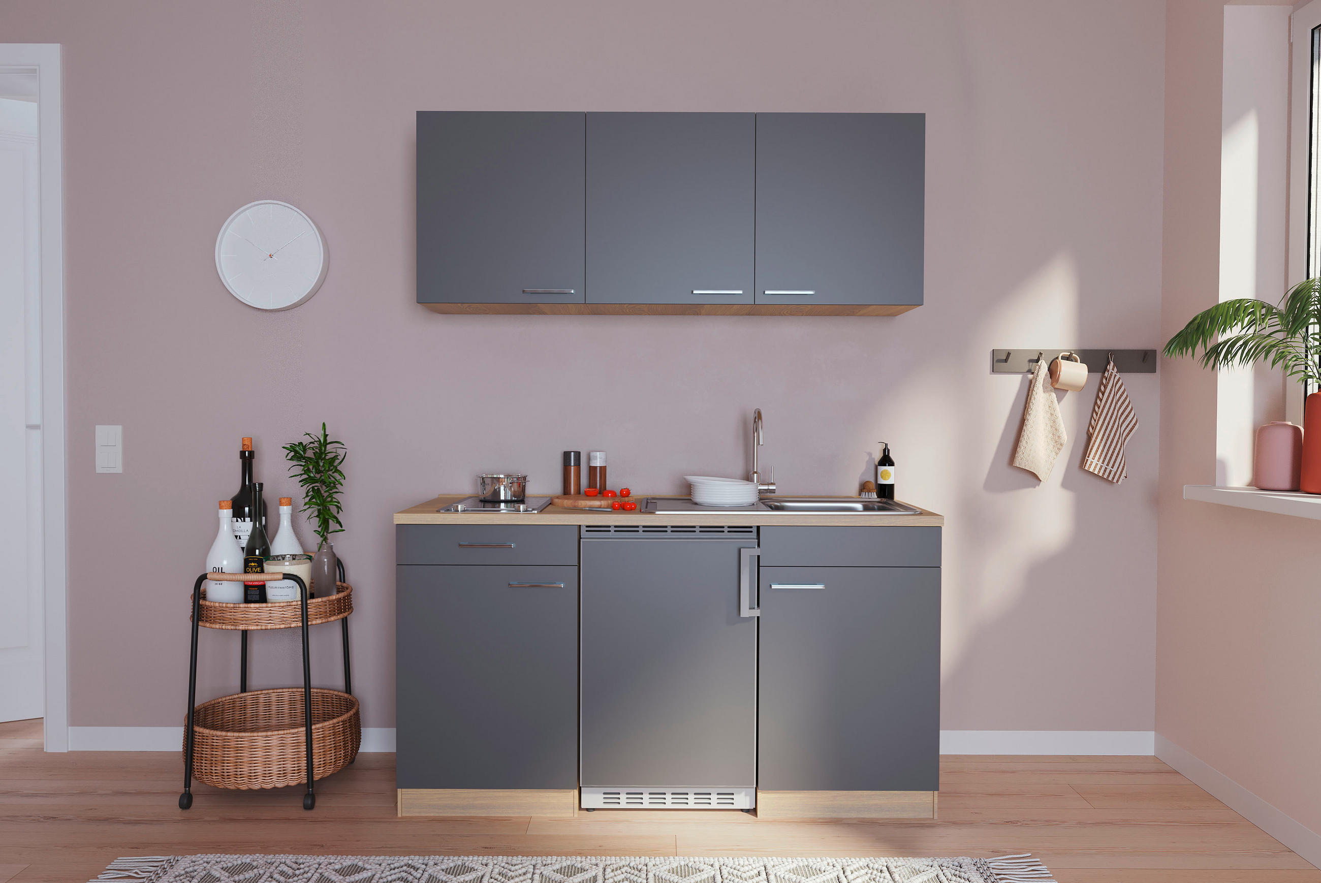 MINIKÜCHE 150 cm   in Grau, Eichefarben  - Eichefarben/Grau, Basics, Holzwerkstoff (150cm) - Respekta