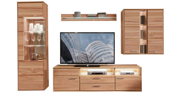 WOHNWAND Kernbuche furniert, massiv Buchefarben - Buchefarben/Silberfarben, KONVENTIONELL, Glas/Holz (328/204/40-48cm) - Voleo