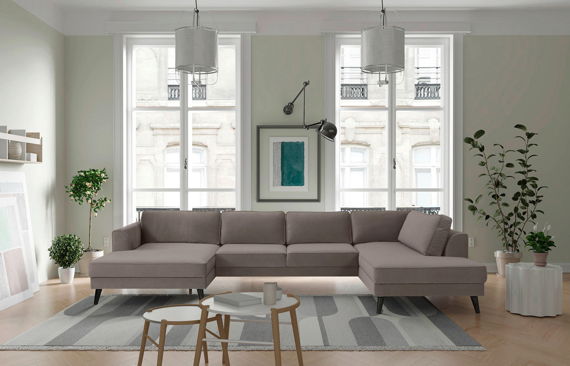 WOHNLANDSCHAFT in Velours Taupe  - Taupe/Wengefarben, Modern, Holz/Textil (169/348/201cm) - Trendmanufaktur