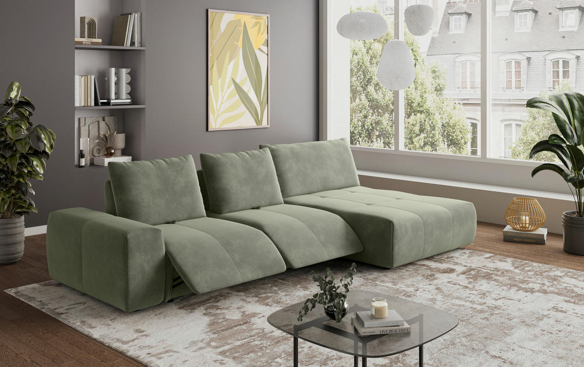 ECKSOFA in Velours Olivgrün  - Schwarz/Olivgrün, Design, Kunststoff/Textil (347/174cm) - Xora
