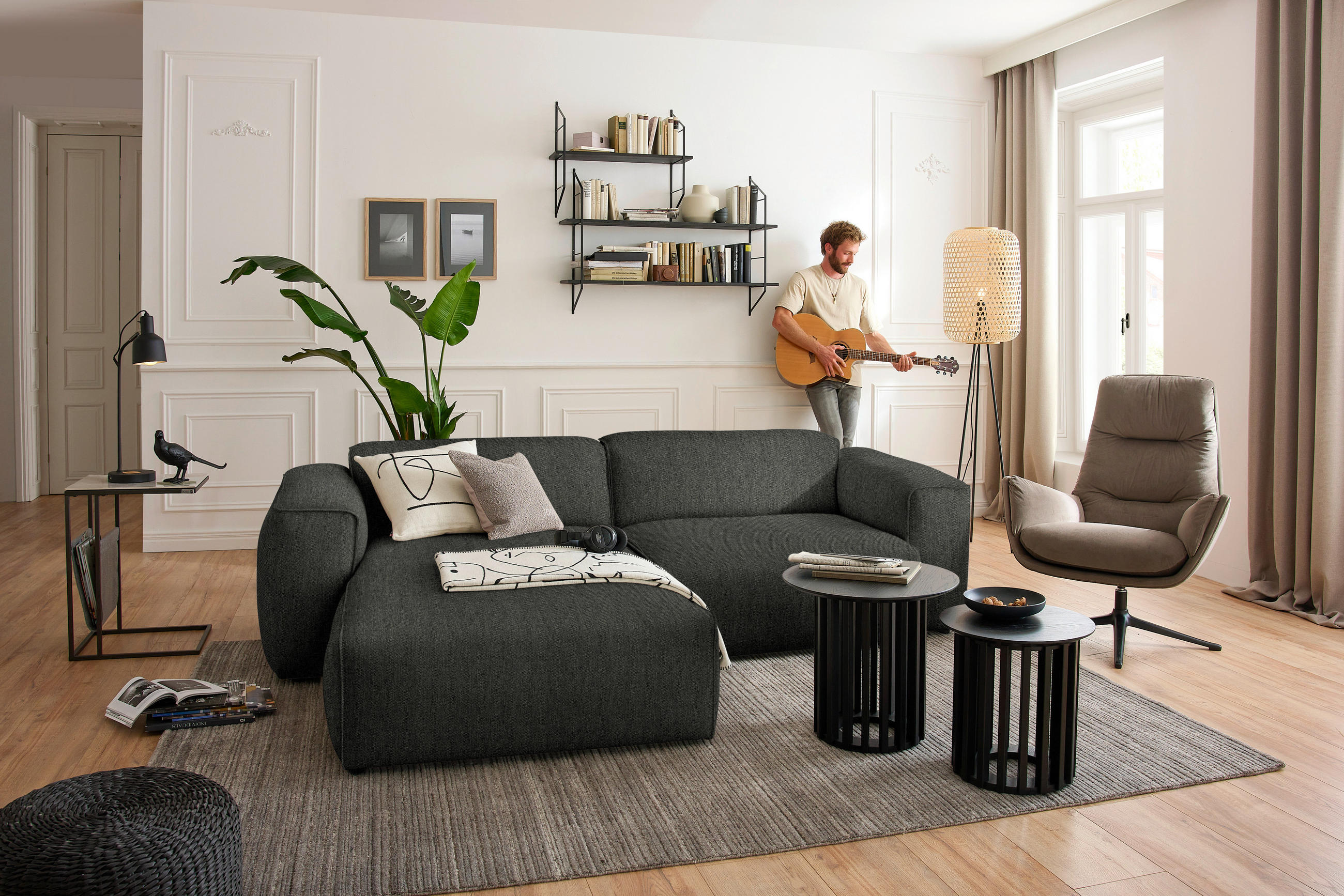 ECKSOFA in Webstoff Dunkelgrün  171/265 cm  - Dunkelgrün/Schwarz, Design, Kunststoff/Textil (171/265cm) - home24