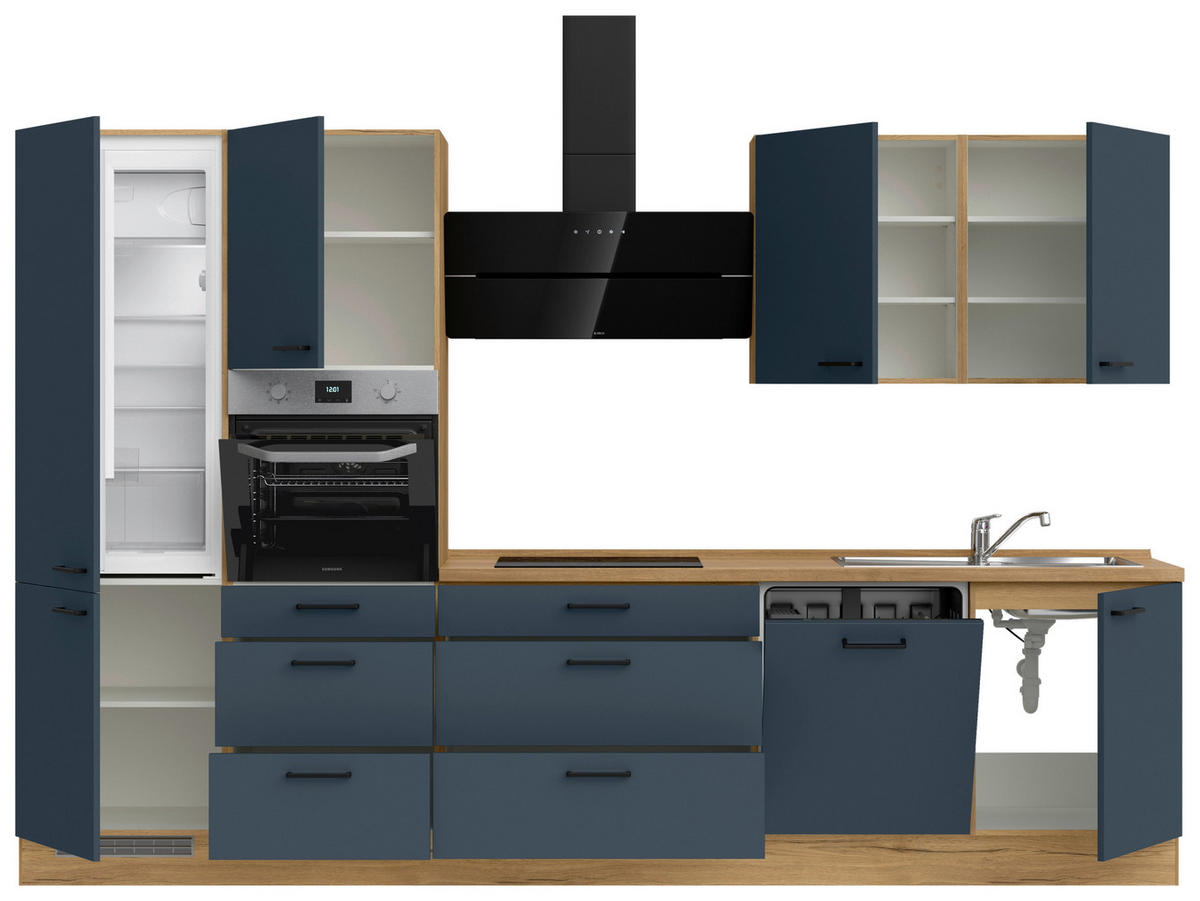 KÜCHENBLOCK Easytouch 330 cm  in Eichefarben, Dunkelblau  - Eichefarben/Schwarz, MODERN, Holzwerkstoff/Metall (330cm) - Nobilia