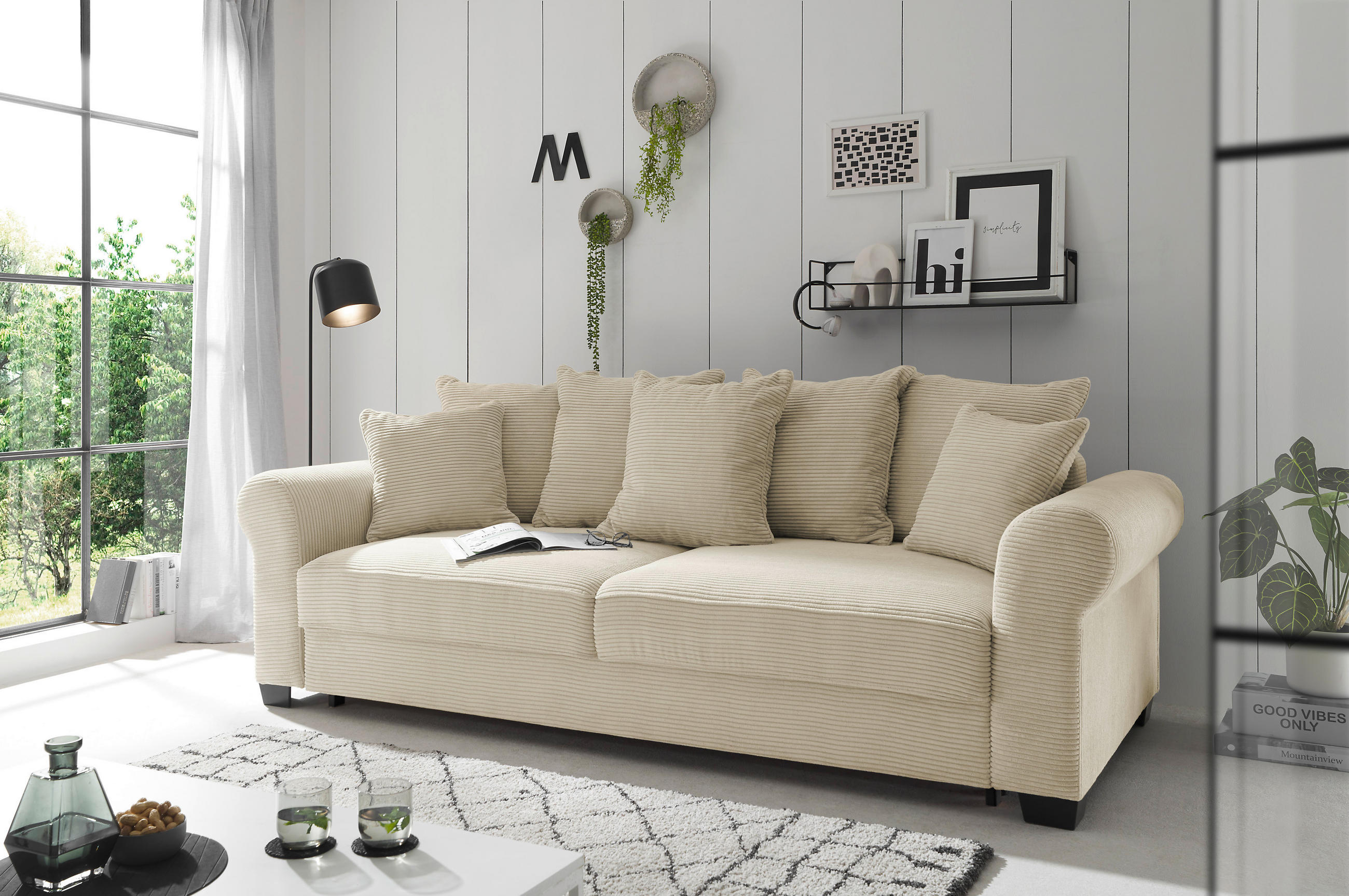 SCHLAFSOFA Cord Creme  - Creme/Schwarz, KONVENTIONELL, Kunststoff/Textil (250/95/125cm) - Hom`in