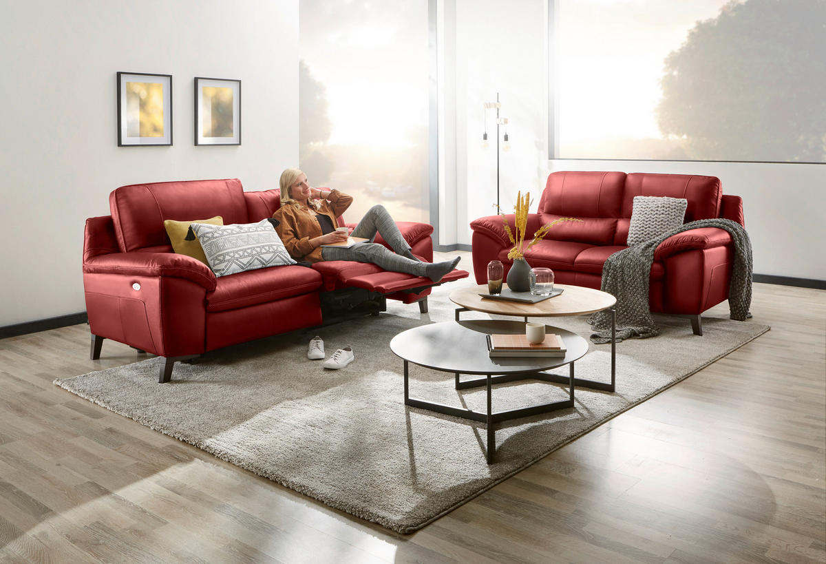 2,5-SITZER mit Relaxfunktion in Kombination Echtleder/Lederlook Rot  - Wengefarben/Rot, Design, Leder/Holz (216/97/95-151cm) - Livetastic