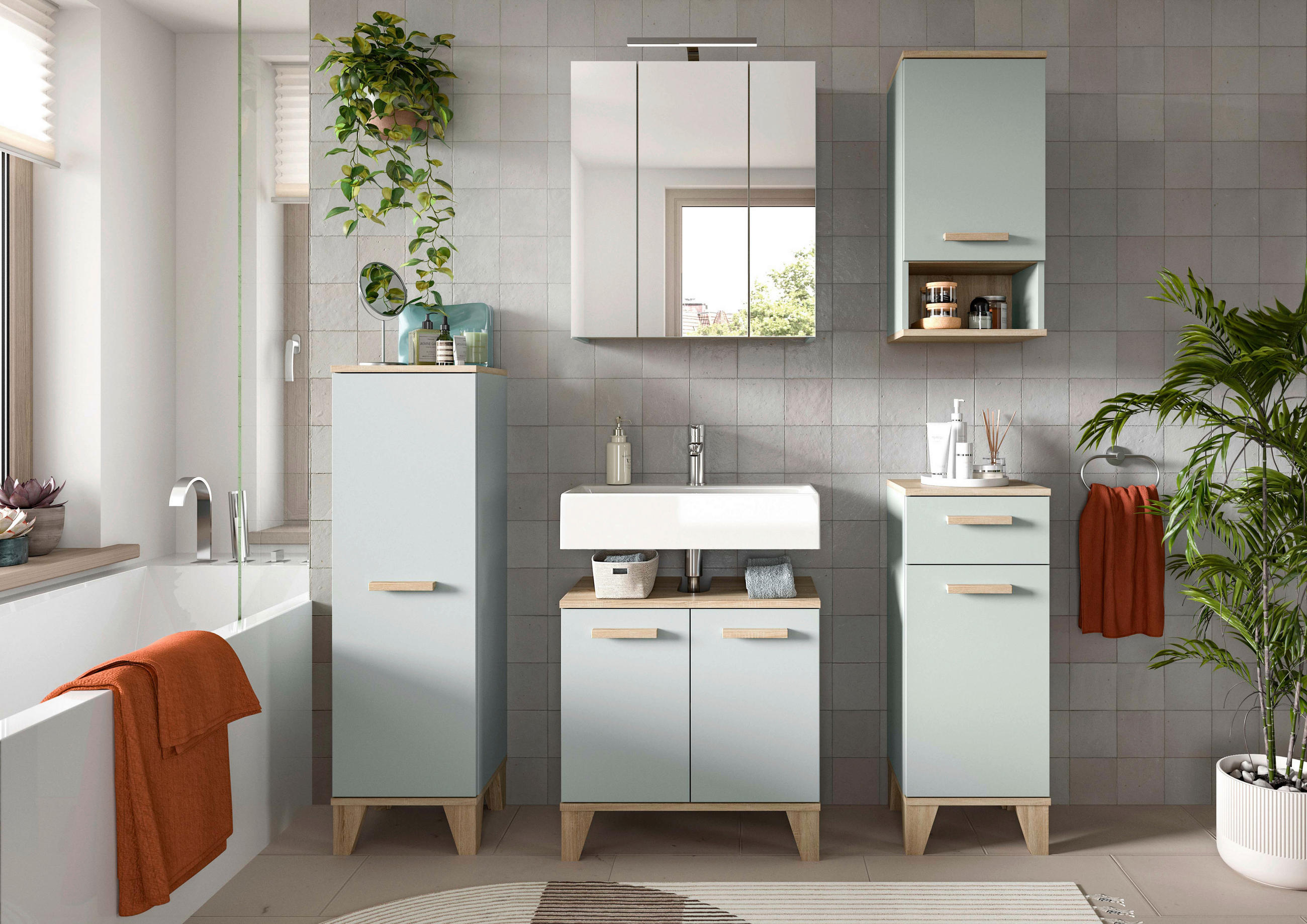 BADEZIMMER 6-teilig 128 cm - Eiche San Remo/Graugrün, Modern, Holzwerkstoff/Kunststoff (128cm) - MID.YOU