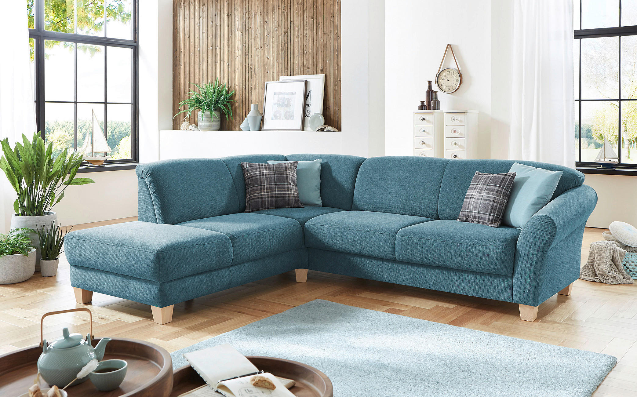 ECKSOFA Petrol Flachgewebe  - Petrol/Naturfarben, KONVENTIONELL, Holz/Textil (212/257cm) - Sit & More
