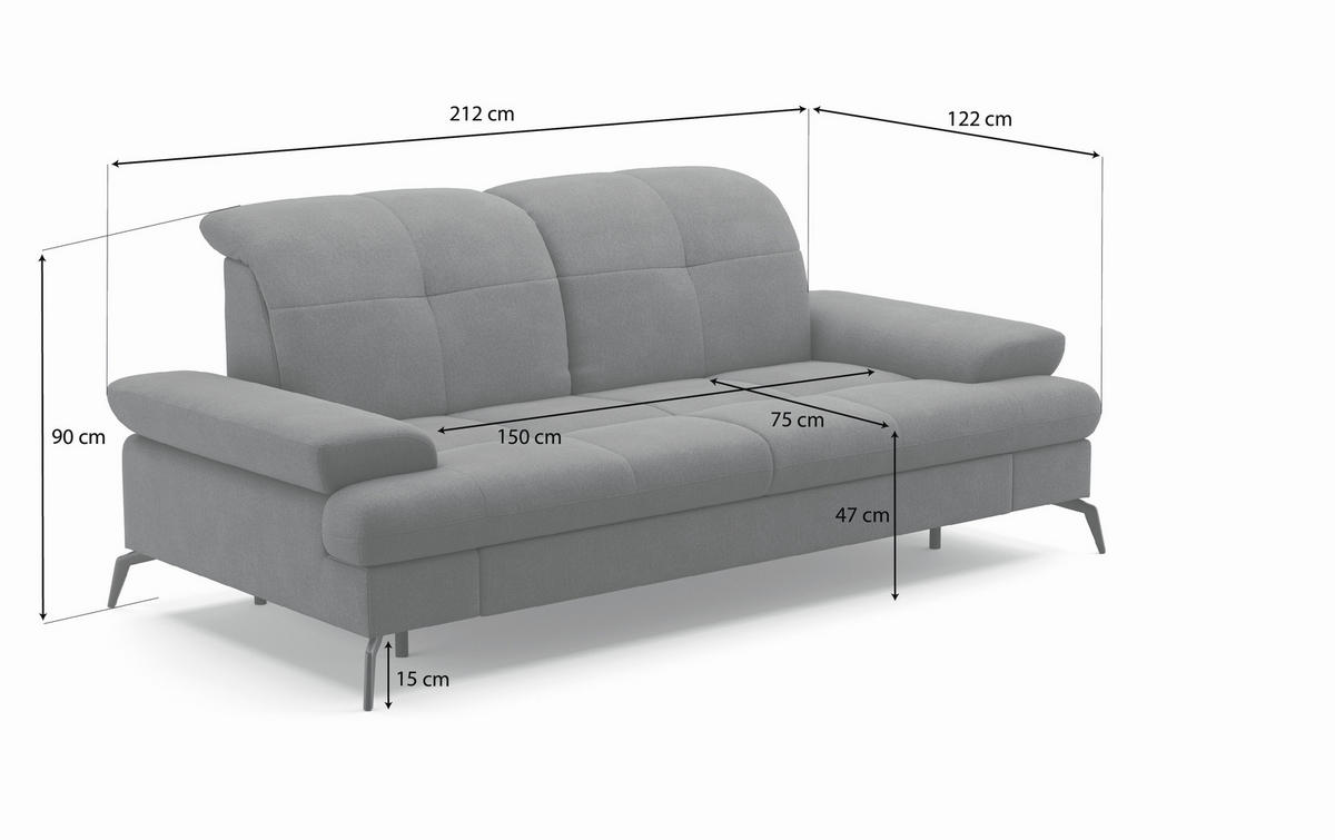3-SITZER-SOFA in Leder Hellgrau  - Hellgrau/Schwarz, KONVENTIONELL, Leder/Metall (212/90/122cm) - Sit & More