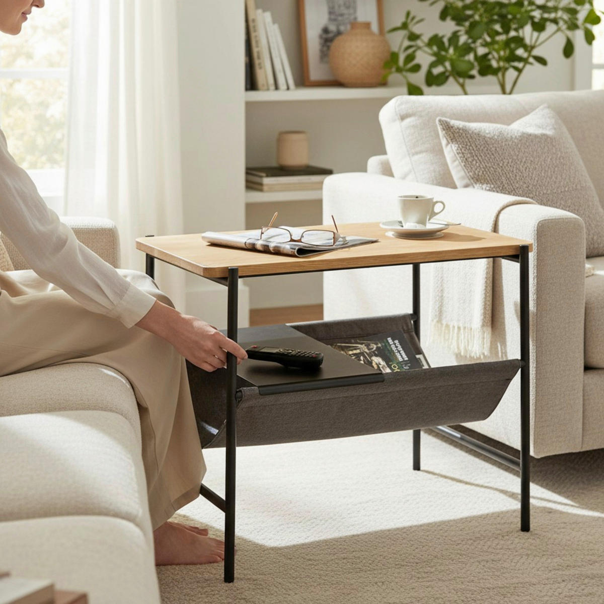 BEISTELLTISCH 38/60/50 cm Eiche massiv Grau, Schwarz, Eichefarben rechteckig  - Eichefarben/Schwarz, Design, Holz/Textil (38/60/50cm)