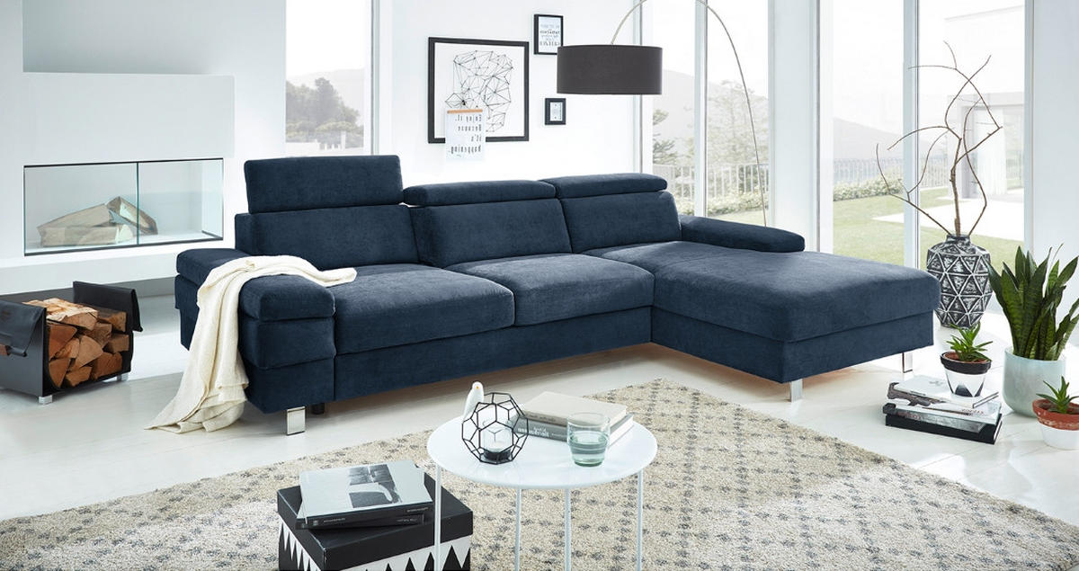 ECKSOFA in Webstoff Dunkelblau  - Silberfarben/Dunkelblau, KONVENTIONELL, Textil/Metall (182/82/260cm) - Trendmanufaktur