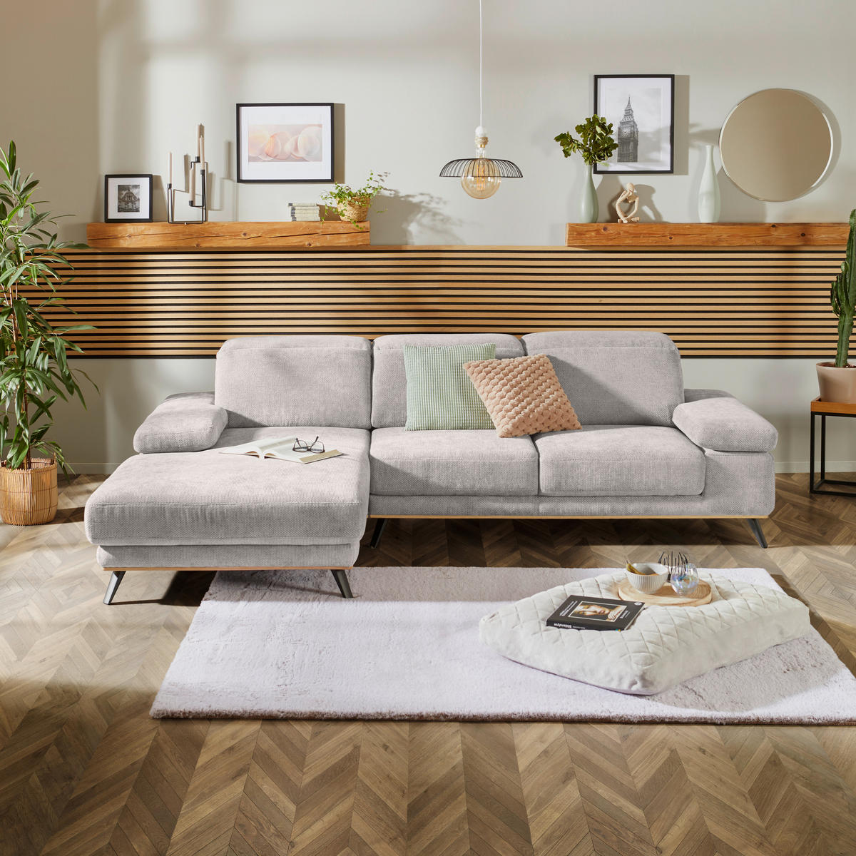 ECKSOFA ROYCE Perlmutt Struktur  - Perlmutt/Schwarz, MODERN, Textil/Metall (194/283cm) - MID.YOU