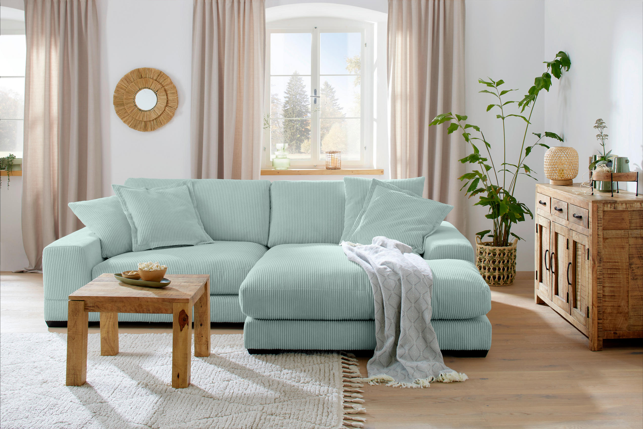 HÖRNSOFFA i manchester mintgrön  - beige/vit, Romantik / Lanthus, trä/textil (280/190cm) - MID.YOU