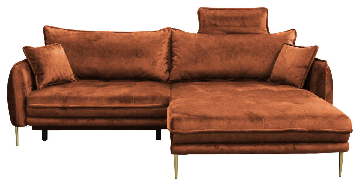 ECKSOFA Rostfarben Velours  - Rostfarben/Goldfarben, Design, Textil/Metall (264/196cm) - MID.YOU