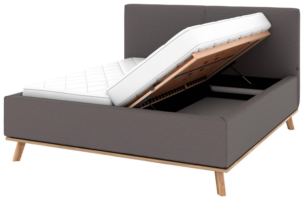 POLSTERBETT 180/200 cm,  in Graubraun, Matratze, Lattenrost, Bettkasten, unterschiedliche Matratzenhärtegrade je Bettseite, H2 + H3 = mittel + fest  - Eichefarben/Graubraun, Design, Holz/Textil (180/200cm) - Musterring