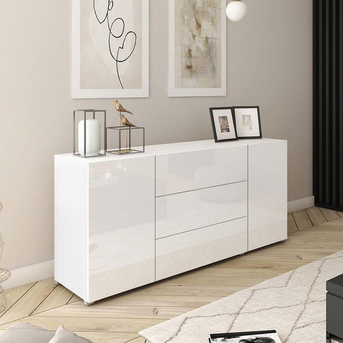 ŠIROKA KOMODA, bela, bela, visoki sijaj  - siva/bela, Design, umetna masa/leseni material (150/68/38,5cm) - MID.YOU