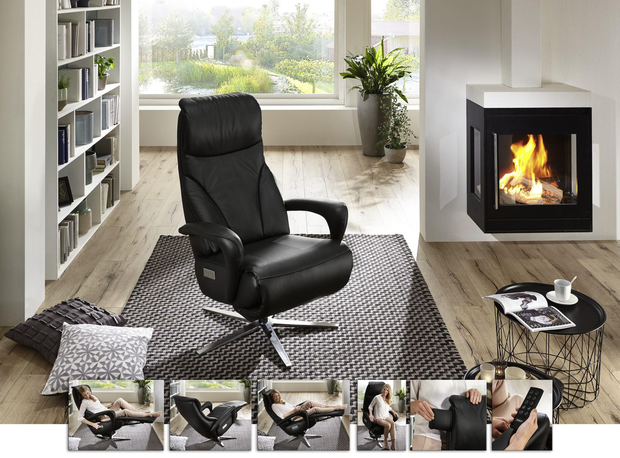 RELAXSESSEL Echtleder Nackenstütze, Relaxfunktion, Kopfteilverstellung, Aufstehhilfe    - Edelstahlfarben/Schwarz, Design, Leder/Metall (75/117/88cm) - Dieter Knoll