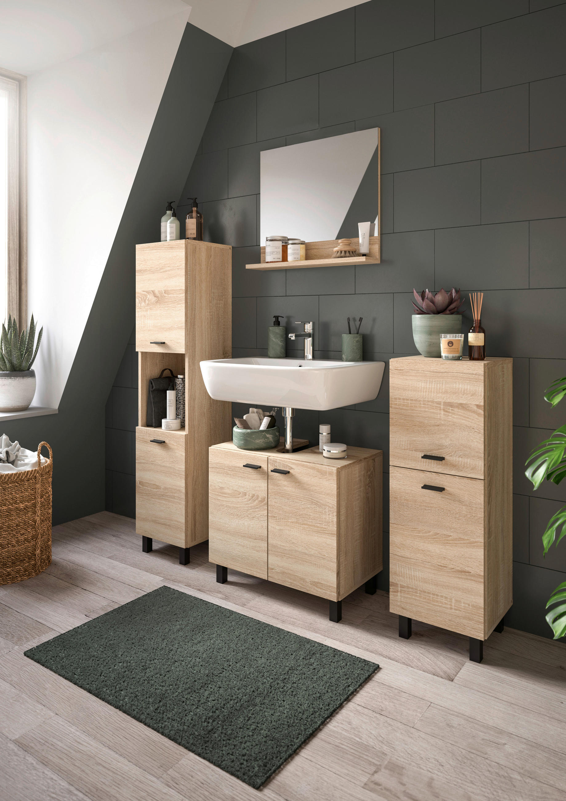 BADEZIMMER 4-teilig in - Schwarz/Sonoma Eiche, MODERN, Glas/Holzwerkstoff (137/186/33cm) - MID.YOU