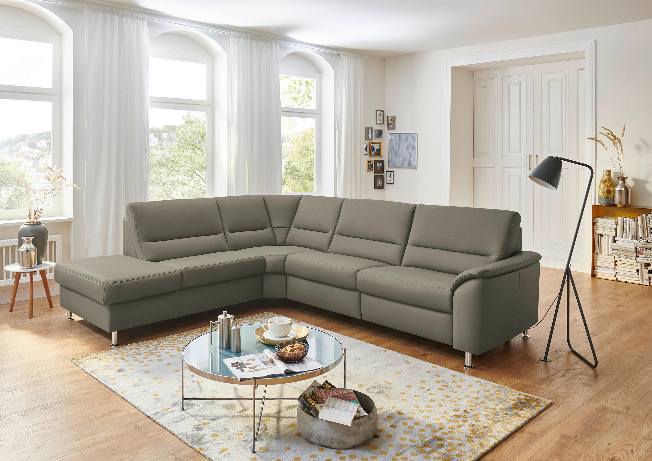 ECKSOFA in Echtleder Hellgrau  - Hellgrau/Alufarben, Basics, Leder/Metall (249/290cm) - Beldomo Premium