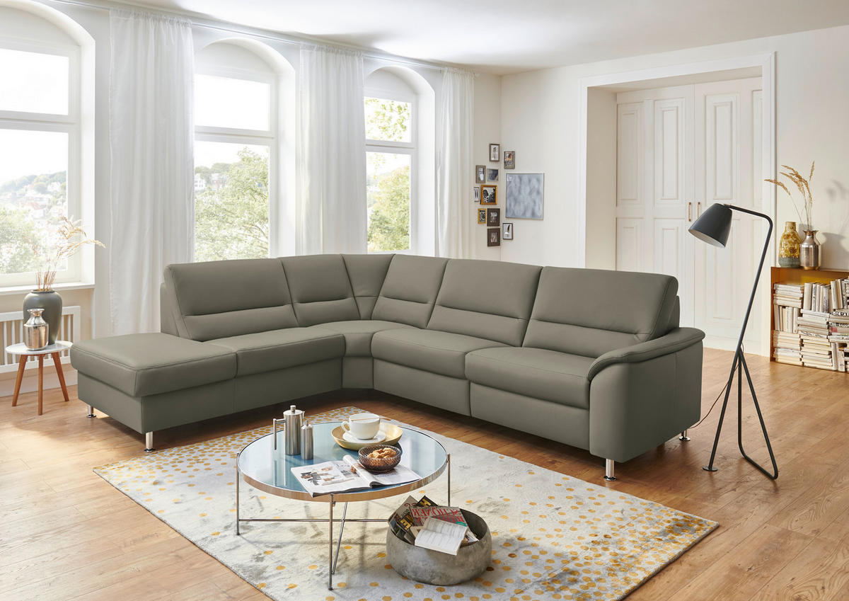 ECKSOFA in Echtleder Hellgrau  - Hellgrau/Alufarben, Basics, Leder/Metall (249/290cm) - Beldomo Premium