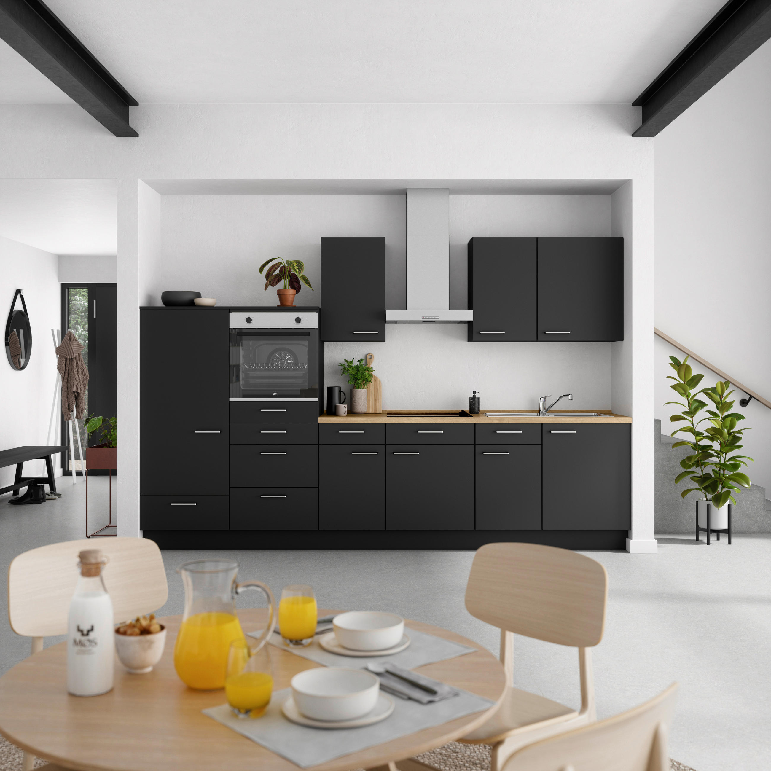 KÜCHENBLOCK 330 cm   in Schwarz, Eichefarben  - Edelstahlfarben/Eichefarben, MODERN, Holzwerkstoff/Metall (330cm) - Nobilia