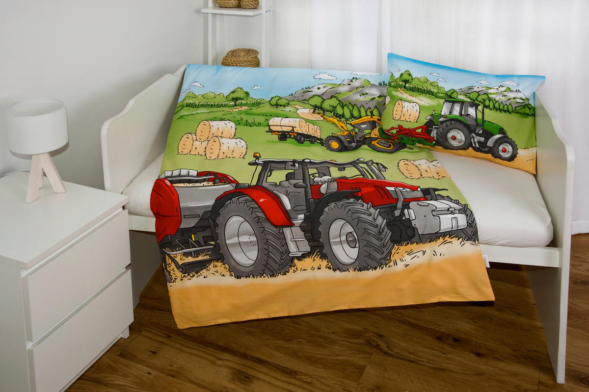 BABYBETTWÄSCHE Traktor Flanell 100/135 cm  - Rot/Hellblau, Basics, Textil (100/135cm) - baby best