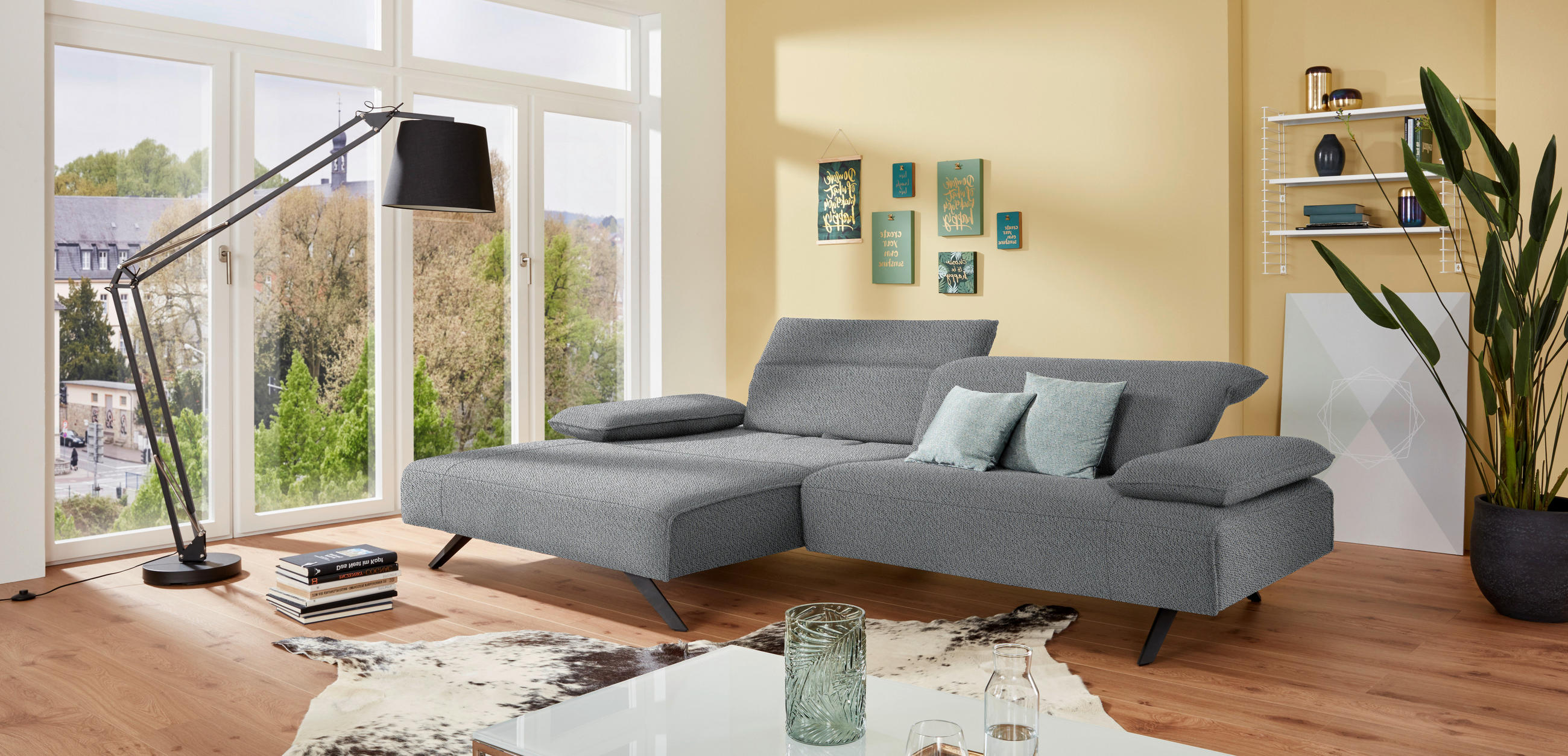 ECKSOFA in Flachgewebe Hellgrau  - Anthrazit/Hellgrau, Design, Textil/Metall (166/280cm) - Johann Jakob