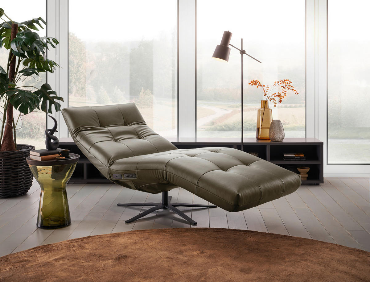 RELAXLIEGE in Echtleder Olivgrün  - Schwarz/Olivgrün, MODERN, Leder/Metall (82/53-115/156-206cm) - Pure Home Comfort