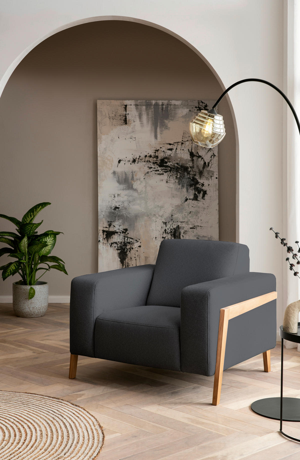 SESSEL in Struktur Anthrazit  - Eichefarben/Anthrazit, Design, Holz/Textil (105/84/96cm) - Stylife