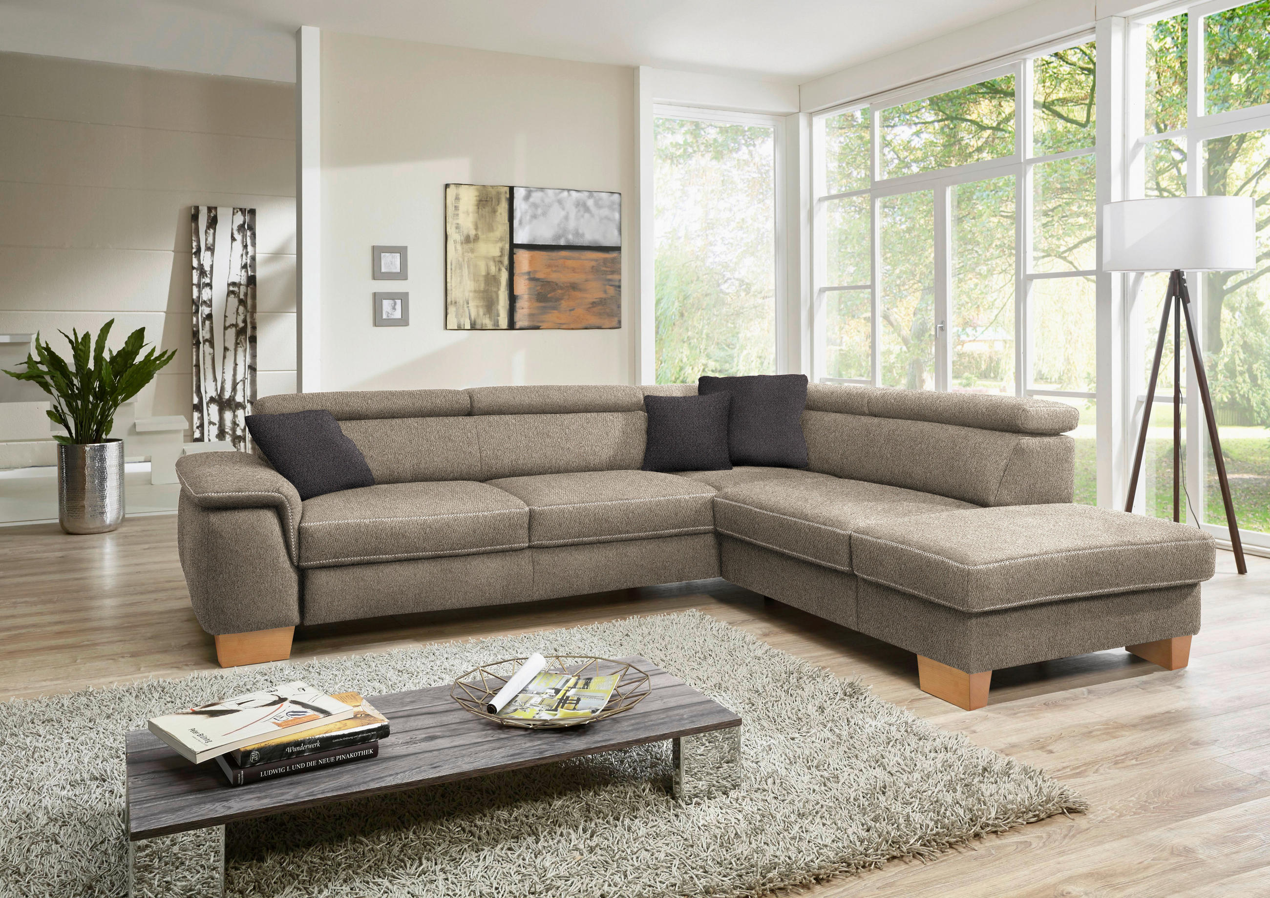 ECKSOFA in Mikrofaser Greige  - Greige/Eichefarben, Natur, Holz/Textil (273/226cm) - Beldomo System