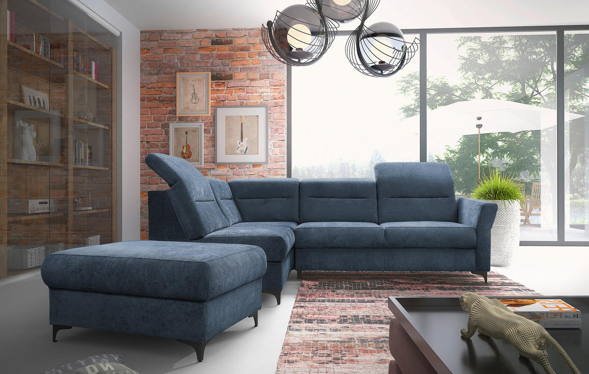 Ecksofa inkl. Funktionen Blau Webstoff  - Blau/Schwarz, KONVENTIONELL, Textil/Metall (177/272cm) - Stylife