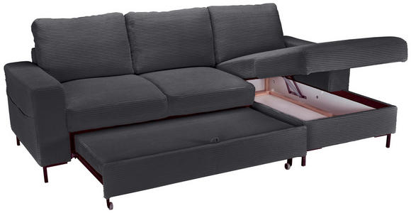 ECKSOFA Anthrazit Cord Rückenkissen, Bettkasten, Schlaffunktion, Rücken echt, Liegefläche im Originalstoff  - Anthrazit/Schwarz, KONVENTIONELL, Textil/Metall (240/150cm) - Carryhome