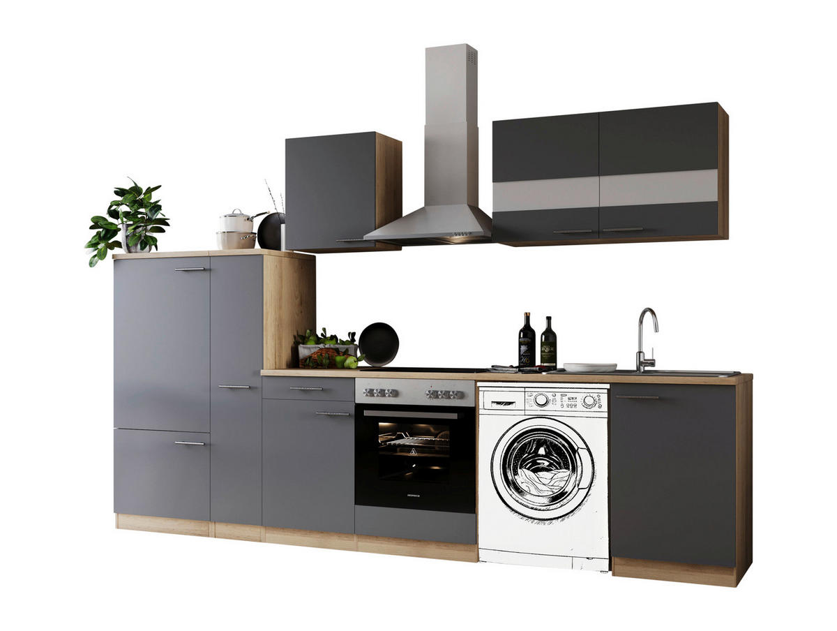 KÜCHENBLOCK 310 cm   in Grau  - Edelstahlfarben/Eichefarben, Basics, Glas/Holzwerkstoff (310cm) - Respekta