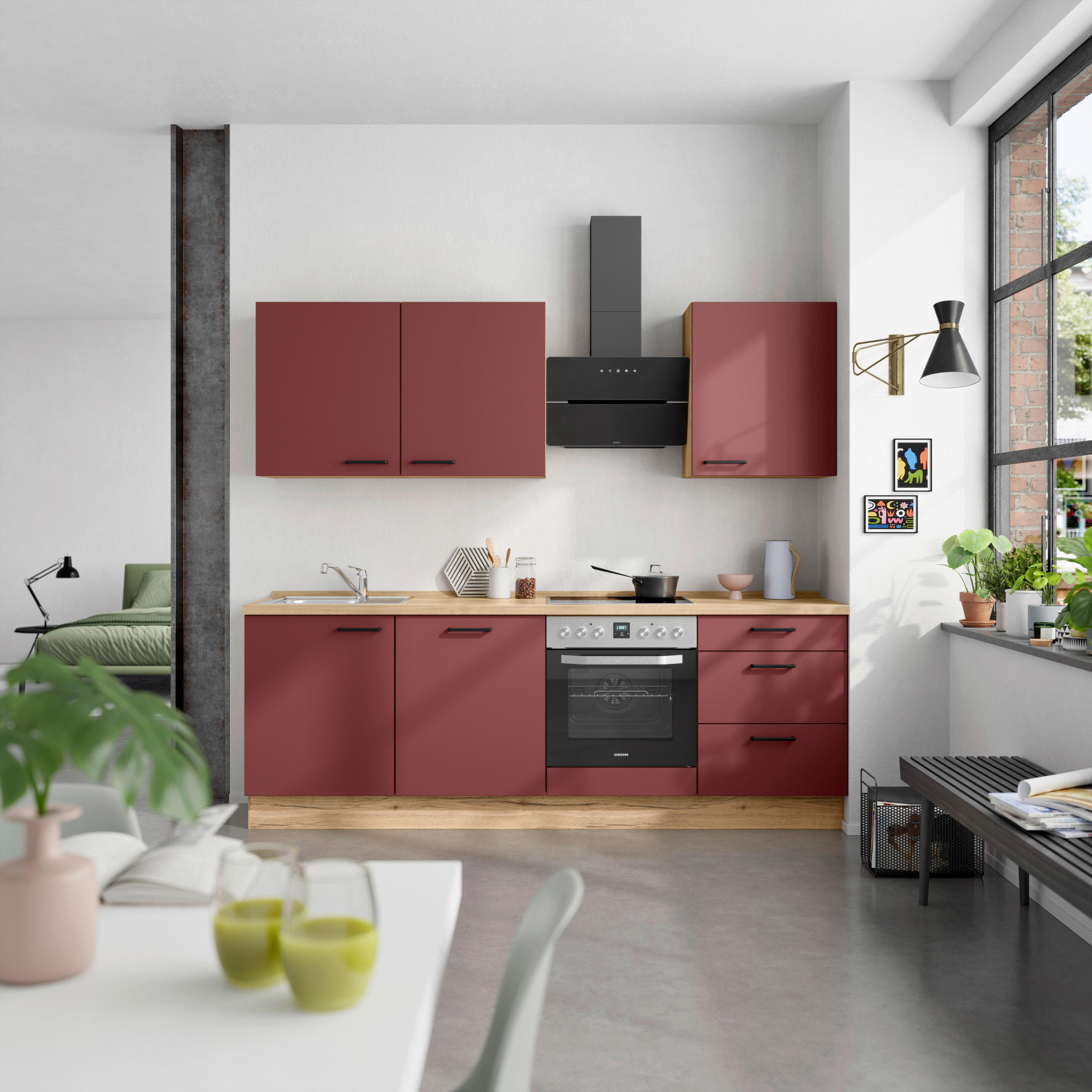 KÜCHENBLOCK Easytouch 240 cm  in Eichefarben, Dunkelrot  - Eichefarben/Schwarz, MODERN, Holzwerkstoff/Metall (240cm) - Nobilia
