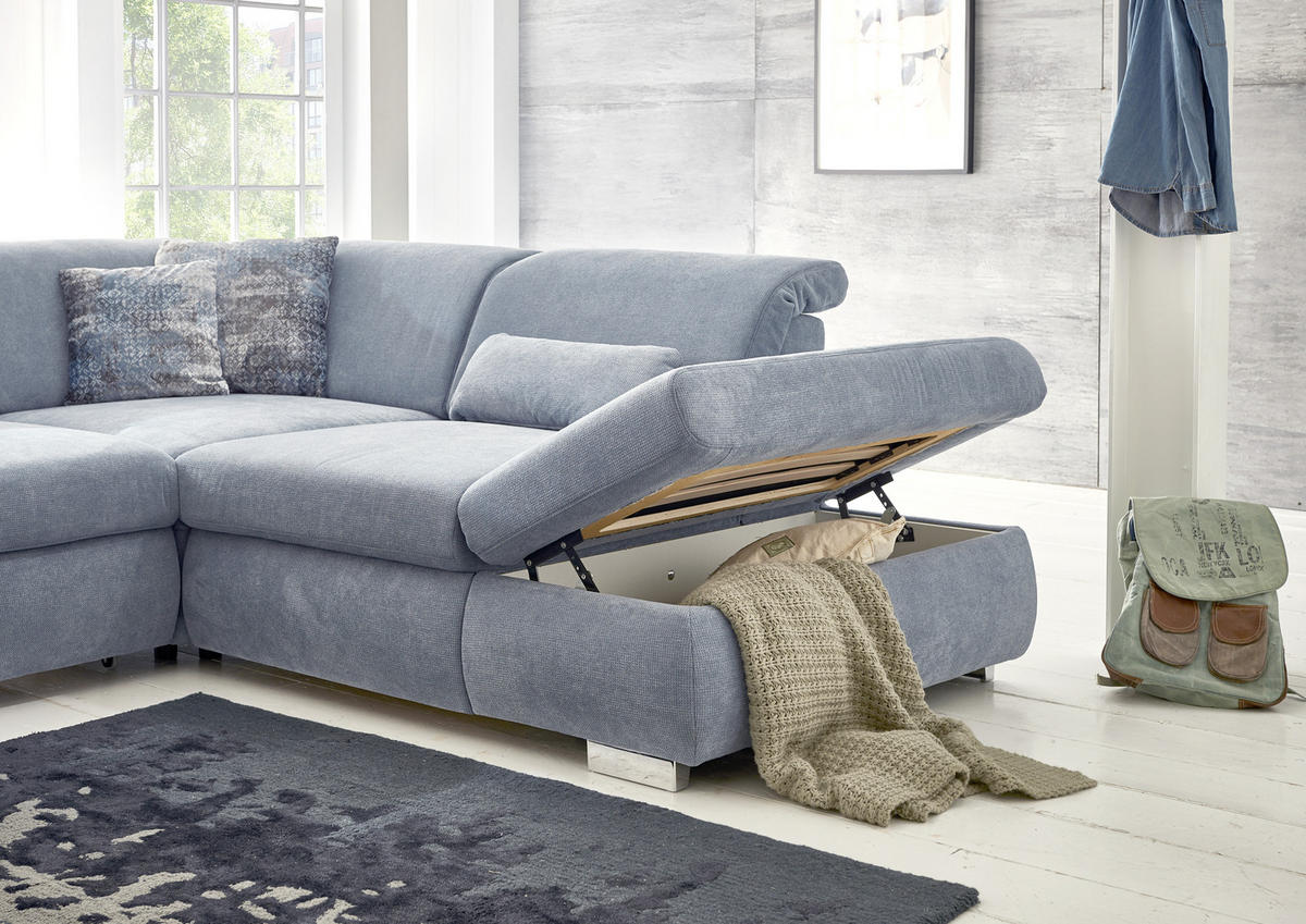 ECKSOFA in Flachgewebe Hellblau  - Chromfarben/Hellblau, Design, Textil/Metall (301/260cm) - Beldomo Style