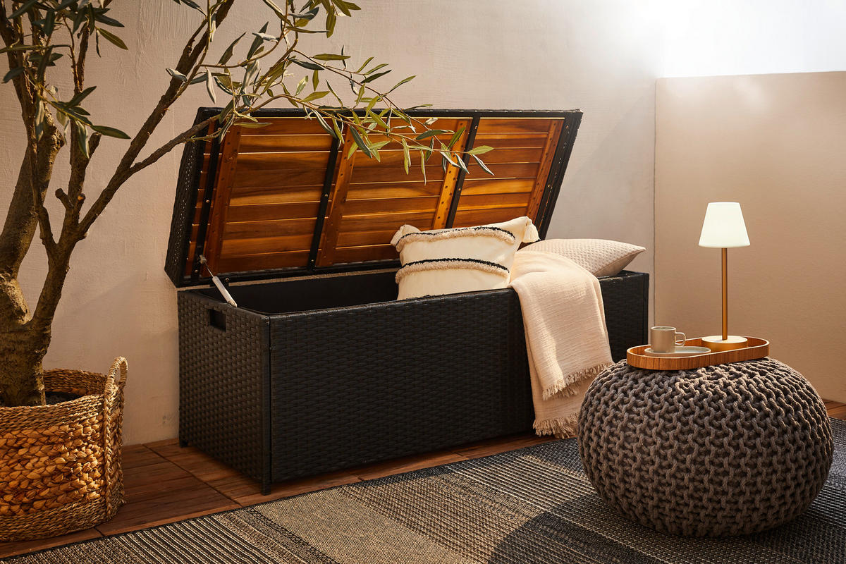 KISSENBOX - Schwarz/Akaziefarben, Modern, Kunststoff/Textil (120/50/51cm) - Ambia Garden