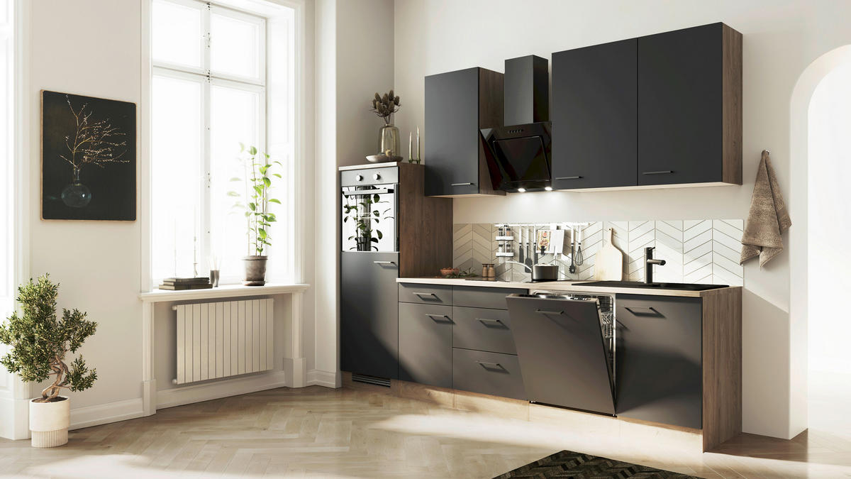 KÜCHENBLOCK 280 cm   in Schwarz, Eichefarben  - Eichefarben/Schwarz, Basics, Holzwerkstoff/Metall (280cm) - FlexWell