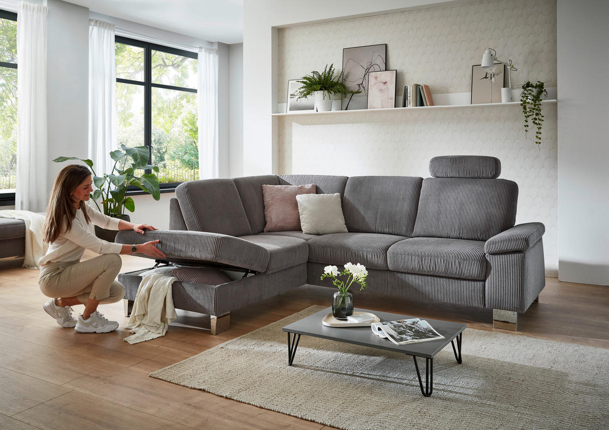ECKSOFA in Cord Anthrazit  - Edelstahlfarben/Anthrazit, Konventionell, Textil/Metall (200/248cm) - Beldomo System