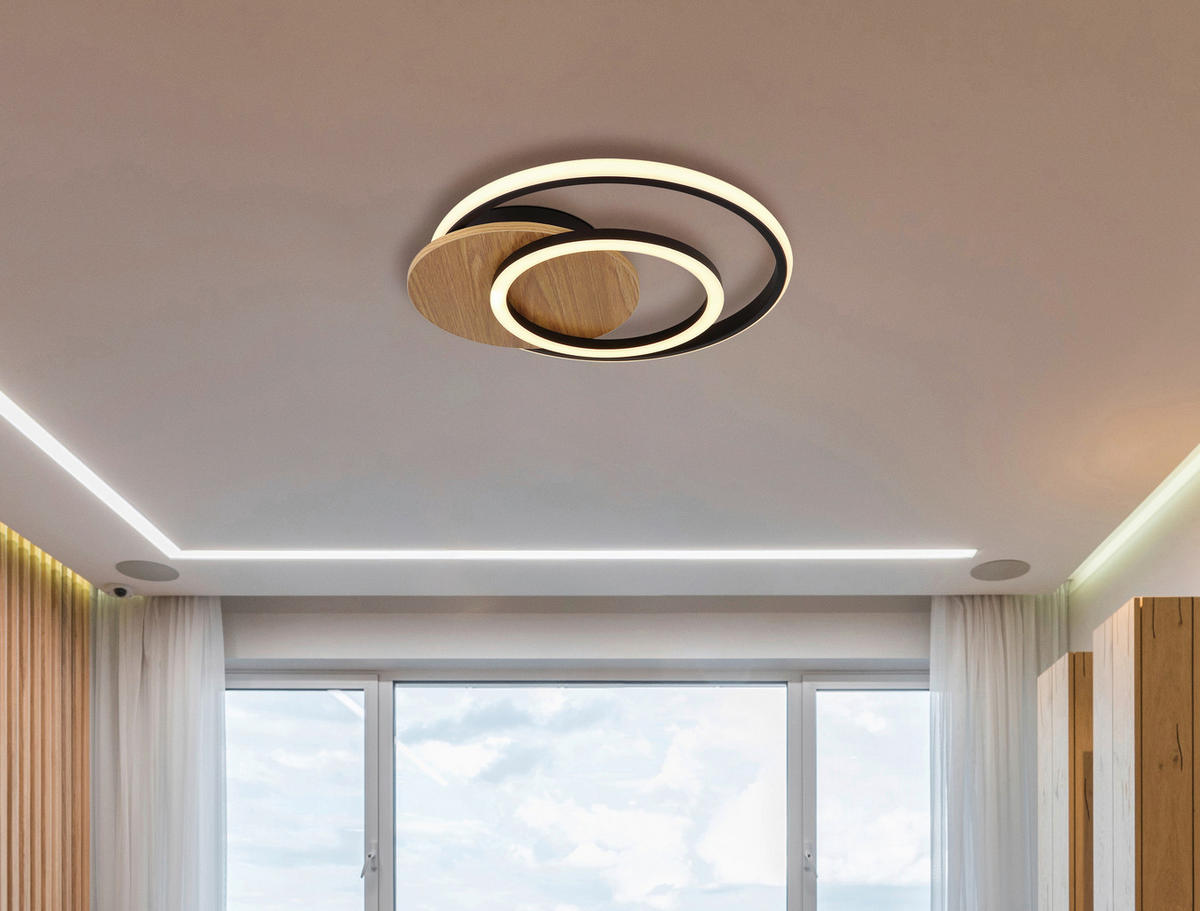 STROPNA LED-SVETILKA  JULIO /1100 lm/3000 K/230 V/ - črna/temno rjava, Natur, umetna masa/leseni material (38/36/6,5cm) - Globo