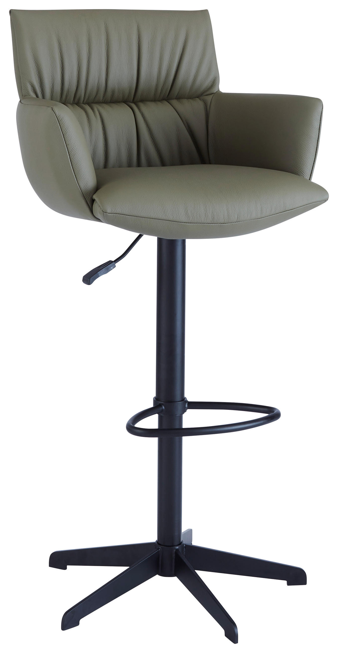 BARHOCKER Echtleder Schwarz, Olivgrün Eisen Lederauswahl, Stoffauswahl, Sitzfläche 360° drehbar, automatische Rückholfunktion  - Schwarz/Olivgrün, Design, Leder/Metall (58/88-112/58cm) - Dieter Knoll