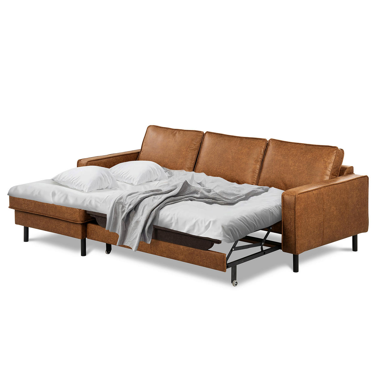 ECKSOFA Hellbraun Echtleder Lederlook Bettkasten, Schlaffunktion, Rücken echt  - Hellbraun/Schwarz, Design, Leder/Textil (166/238cm) - Livetastic