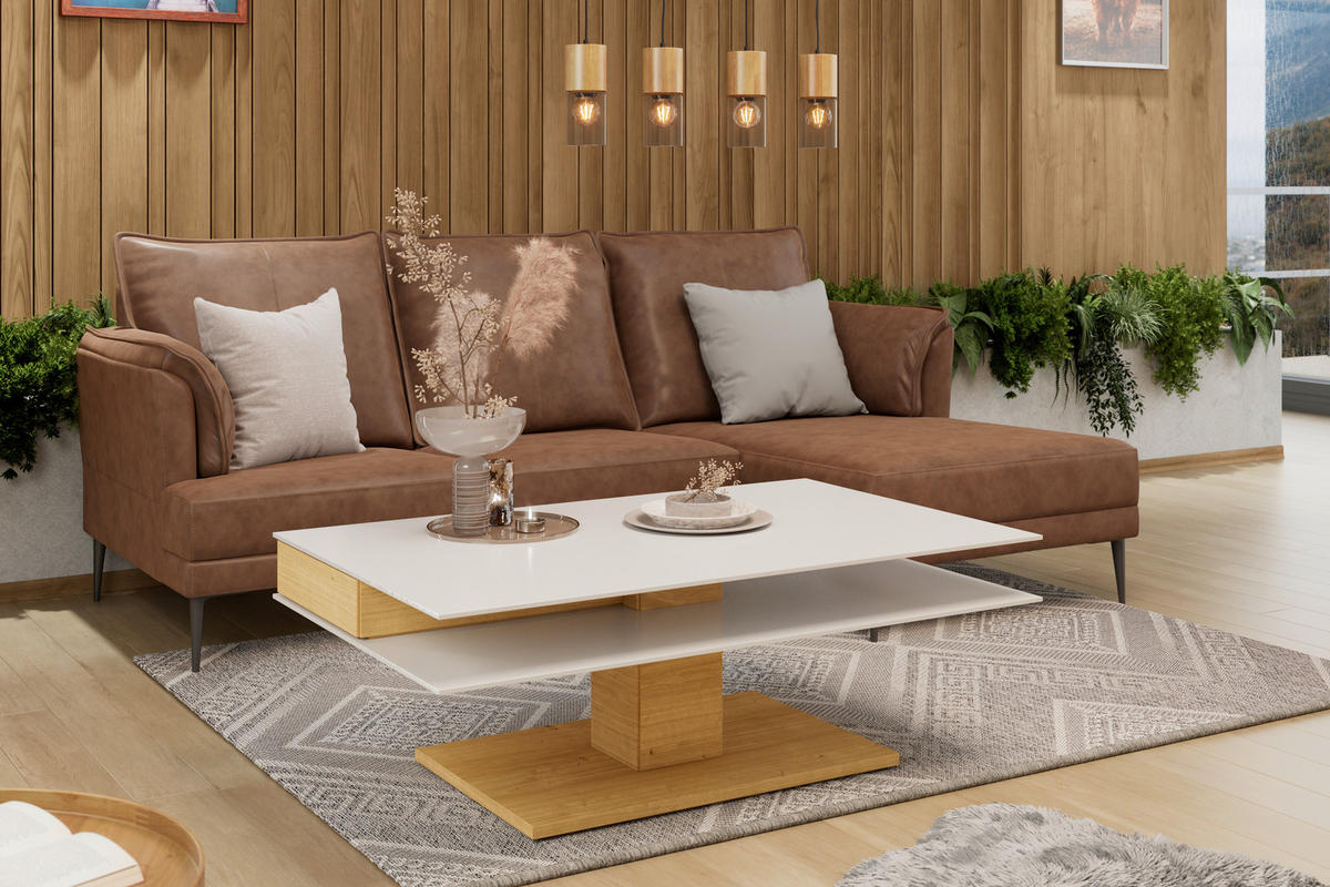 COUCHTISCH in Holz, Glas, Holzwerkstoff 120/75/43 cm  - Weiss/Eichefarben, Design, Glas/Holz (120/75/43cm) - Voglauer