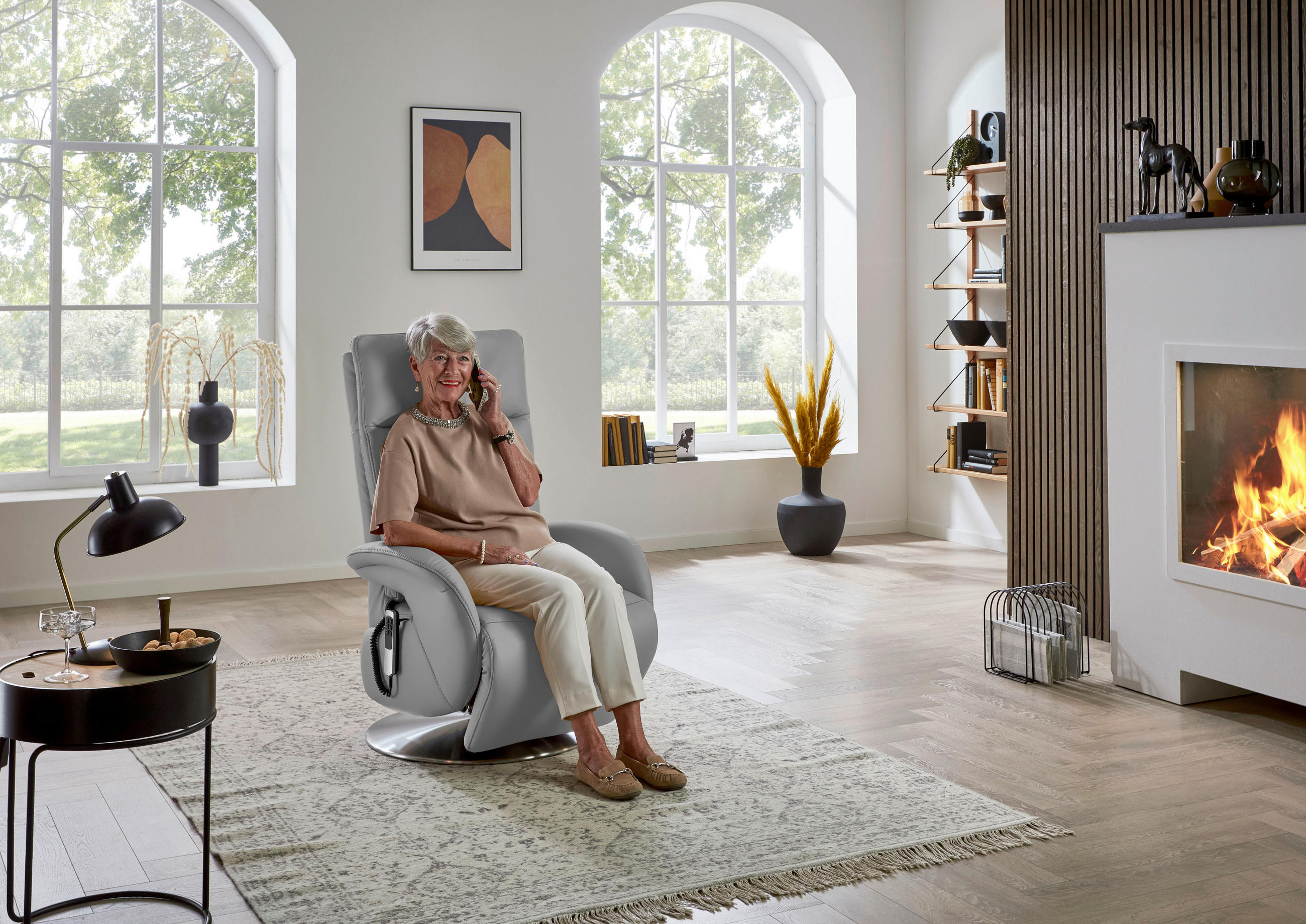 RELAXSESSEL in Leder Hellgrau  - Edelstahlfarben/Hellgrau, Design, Leder/Metall (70/108/80cm) - Cantus