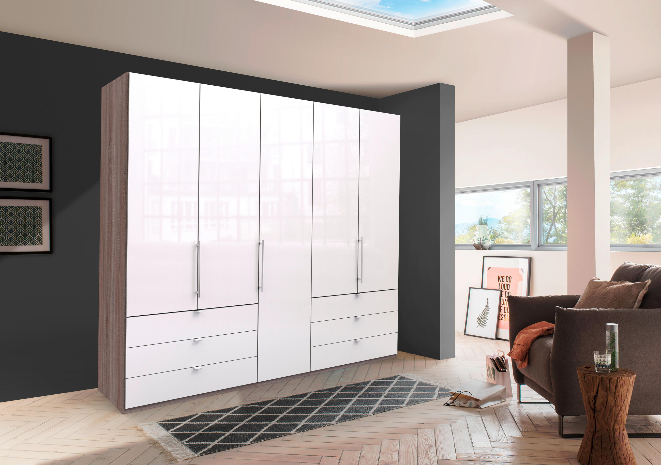 FALTTÜRENSCHRANK in Weiss, Trüffeleichefarben - Chromfarben/Weiss, Konventionell, Glas/Holzwerkstoff (250/216/58cm) - Venda