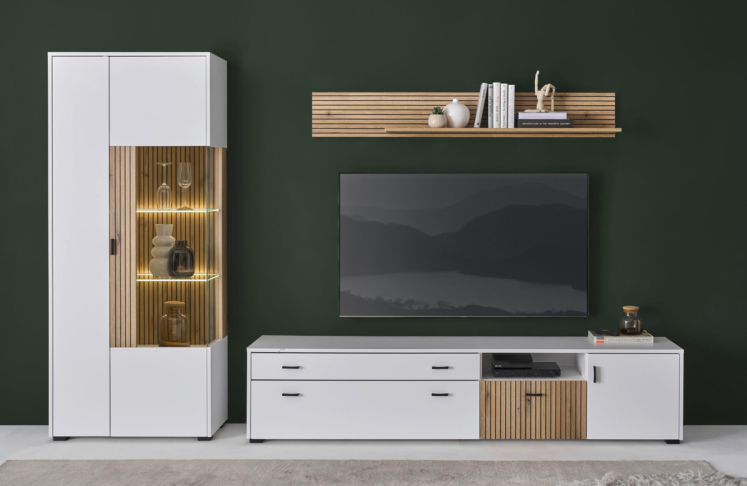 Thumbnail - Mid.you Wohnwand, Weiß, Eiche, Glas, Holzwerkstoff, 3-teilig, 8 Fächer, 1 Schublade(n) Schubladen, 328x180x42 cm, Typena...